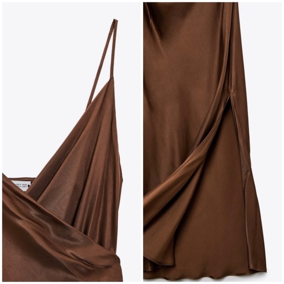 Zara satin effect midi brown dress - Picture 5 of 5